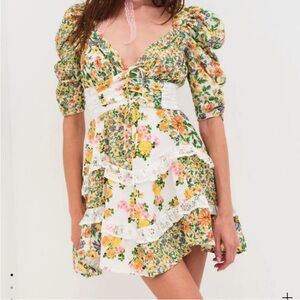 For love and Lemons Floral Lace-Trim Mini Dress in Yellow & Pink